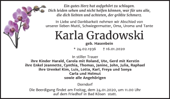 Traueranzeige von Karla Gradowski von Wochenspiegel Naumburg/Nebra