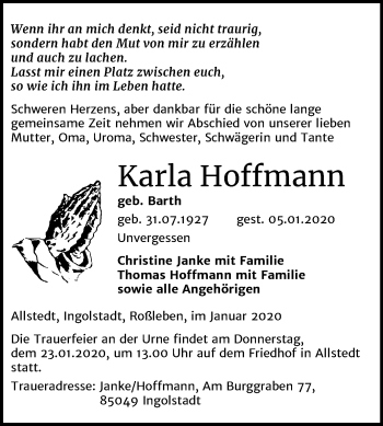 Traueranzeige von Karla Hoffmann von Super Sonntag Sangerhausen