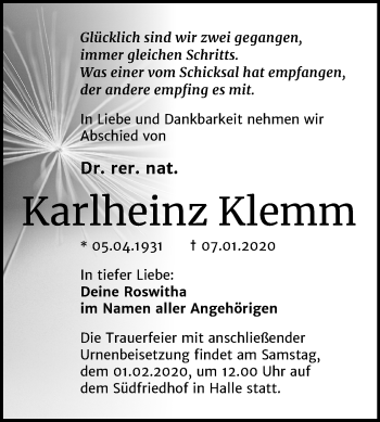 Traueranzeige von Karlheinz Klemm von Mitteldeutsche Zeitung Halle/Saalkreis