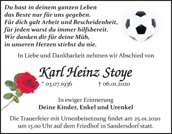Traueranzeige von Kart Heinz Stoye von Mitteldeutsche Zeitung Bitterfeld