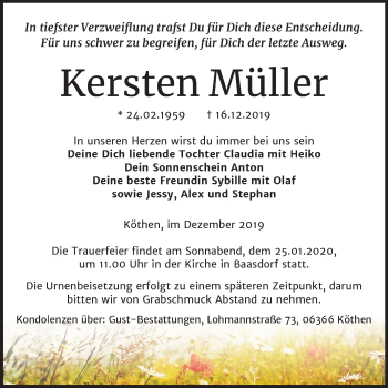 Traueranzeige von Kersten Müller von Mitteldeutsche Zeitung Köthen