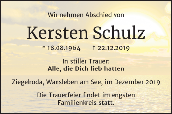 Traueranzeige von Kersten Schulz von Wochenspiegel Mansfelder Land