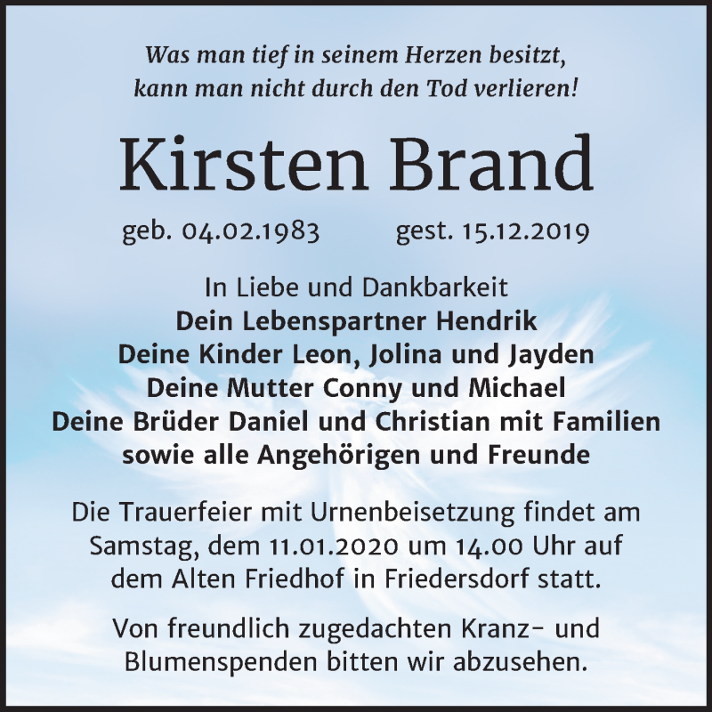  Traueranzeige für Kirsten Brand vom 31.12.2019 aus Wochenspiegel Bitterfeld