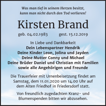 Traueranzeige von Kirsten Brand von Wochenspiegel Bitterfeld