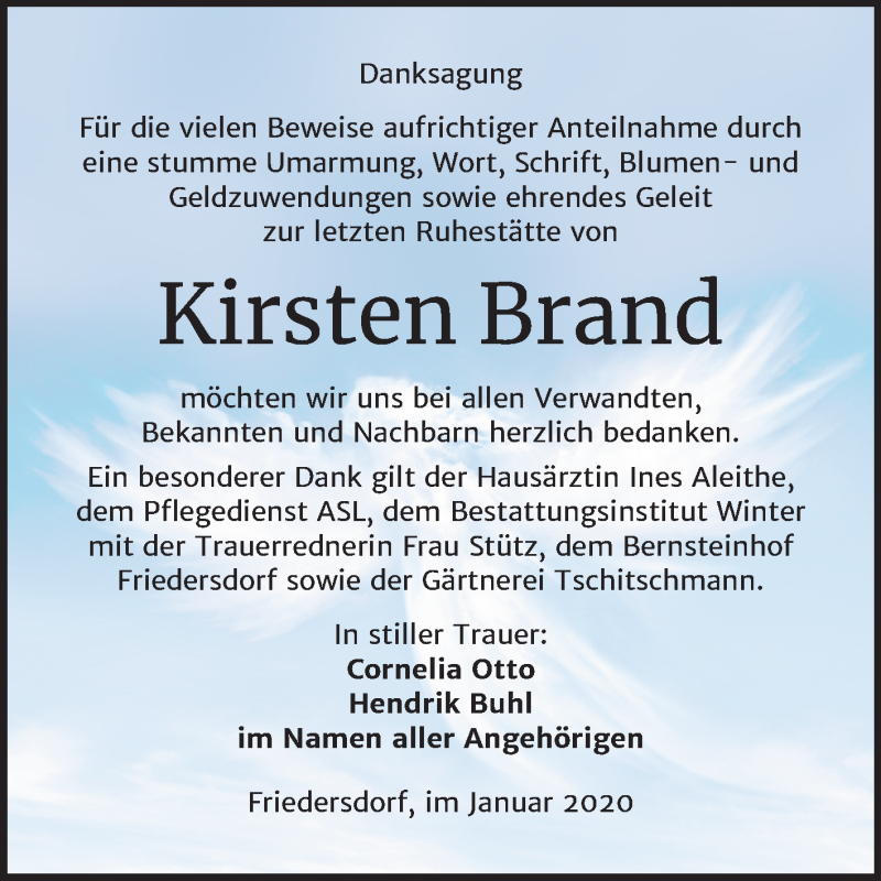  Traueranzeige für Kirsten Brand vom 16.01.2020 aus Mitteldeutsche Zeitung Bitterfeld