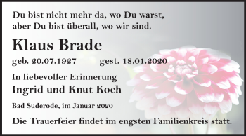 Traueranzeige von Klaus Brade von Mitteldeutsche Zeitung Quedlinburg