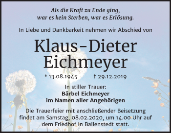 Traueranzeige von Klaus-Dieter Eichmeyer von Super Sonntag Quedlinburg