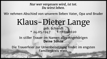 Traueranzeige von Klaus-Dieter Lange von Mitteldeutsche Zeitung Halle/Saalkreis