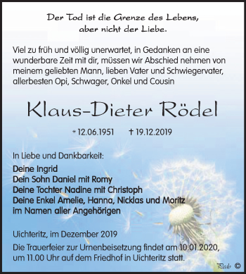Traueranzeige von Klaus-Dieter Rödel von Wochenspiegel Weißenfels