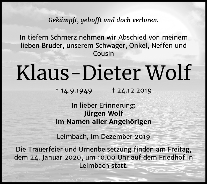  Traueranzeige für Klaus-Dieter Wolf vom 11.01.2020 aus Mitteldeutsche Zeitung Mansfelder Land