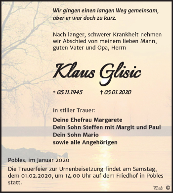 Traueranzeige von Klaus Glisic von Mitteldeutsche Zeitung Weißenfels