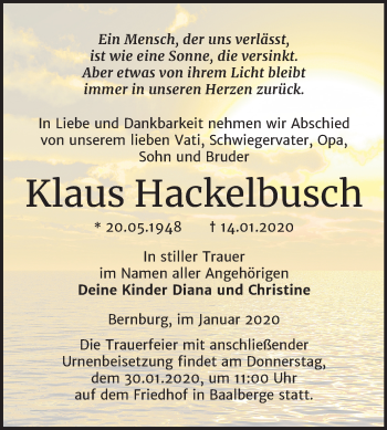 Traueranzeige von Klaus Hackelbusch von Super Sonntag Bernburg