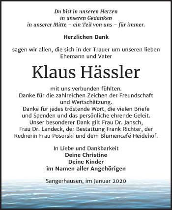 Traueranzeige von Klaus Hässler von Mitteldeutsche Zeitung Sangerhausen