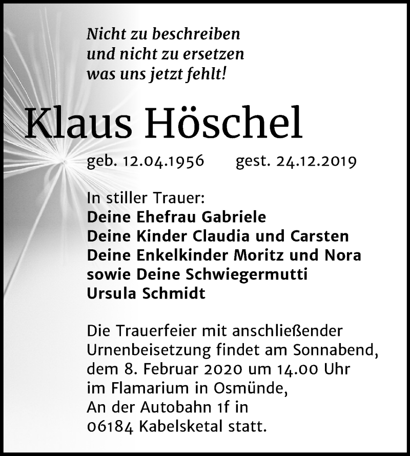  Traueranzeige für Klaus Höschel vom 25.01.2020 aus Super Sonntag Merseburg/Querfurt