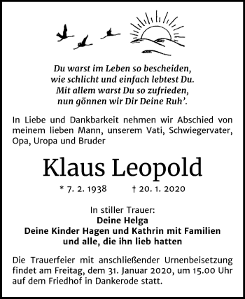 Traueranzeige von Klaus Leopold von Super Sonntag Quedlinburg