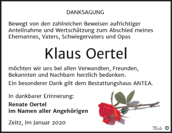 Traueranzeige von Klaus Oertel von Mitteldeutsche Zeitung Zeitz