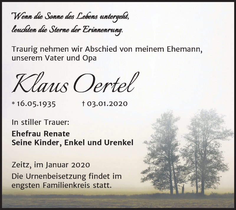  Traueranzeige für Klaus Oertel vom 11.01.2020 aus Mitteldeutsche Zeitung Zeitz