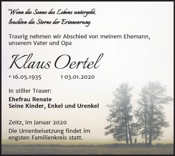 Traueranzeige von Klaus Oertel von Super Sonntag Zeitz