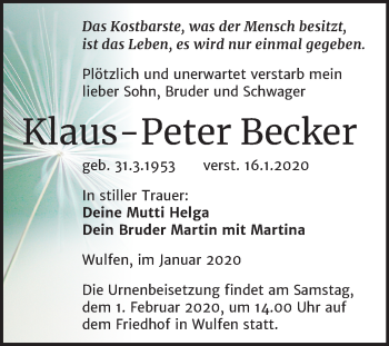 Traueranzeige von Klaus-Peter Becker von Super Sonntag Köthen