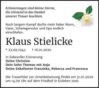 Traueranzeige von Klaus Stielicke von Mitteldeutsche Zeitung Mansfelder Land