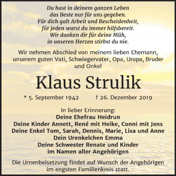 Traueranzeige von Klaus Strulik von Mitteldeutsche Zeitung Bitterfeld