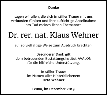 Traueranzeige von Klaus Wehner von Mitteldeutsche Zeitung Merseburg/Querfurt