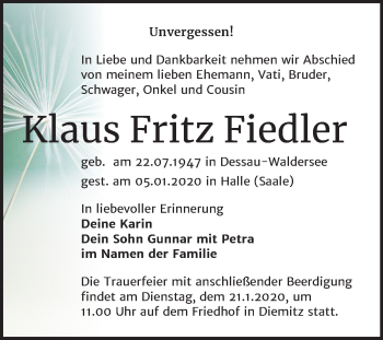 Traueranzeige von Klaus Fritz Fiedler von Mitteldeutsche Zeitung Halle/Saalkreis