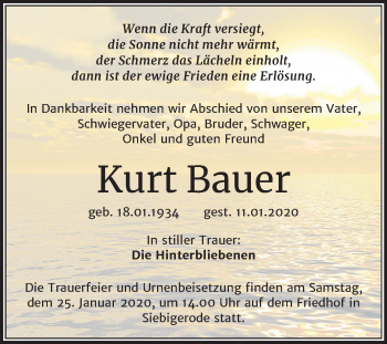 Traueranzeige von Kurt Bauer von Mitteldeutsche Zeitung Mansfelder Land