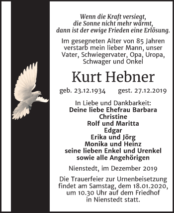 Traueranzeige von Kurt Hebner von Super Sonntag Sangerhausen