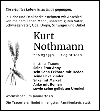 Traueranzeige von Kurt Nothmann von Mitteldeutsche Zeitung Mansfelder Land