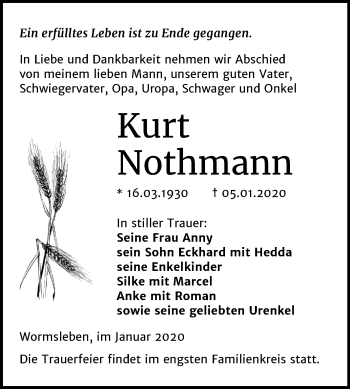 Traueranzeige von Kurt Nothmann von Wochenspiegel Mansfelder Land