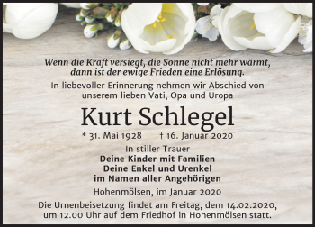 Traueranzeige von Kurt Schlegel von Mitteldeutsche Zeitung Weißenfels