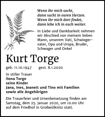 Traueranzeige von Kurt Torge von Mitteldeutsche Zeitung Köthen