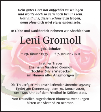 Traueranzeige von Leni Gromoll von Wochenspiegel Naumburg/Nebra