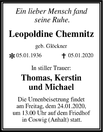 Traueranzeige von Leopoldine Chemnitz von Super Sonntag Wittenberg
