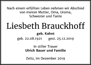 Traueranzeige von Liesbeth Brauckhoff von Mitteldeutsche Zeitung Zeitz