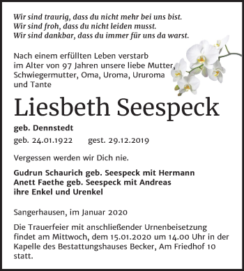 Traueranzeige von Liesbeth Seespeck von Super Sonntag Sangerhausen