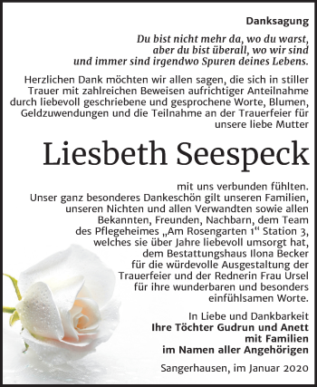 Traueranzeige von Liesbeth Seespeck von Mitteldeutsche Zeitung Sangerhausen