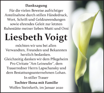 Traueranzeige von Liesbeth Voigt von Wochenspiegel Bitterfeld