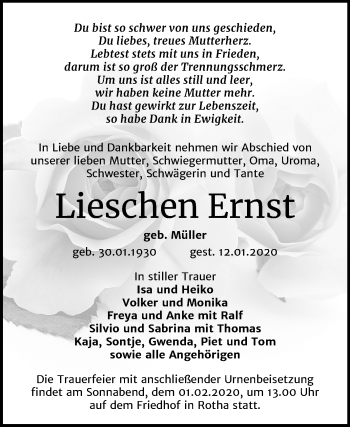 Traueranzeige von Lieschen Ernst von Super Sonntag Sangerhausen
