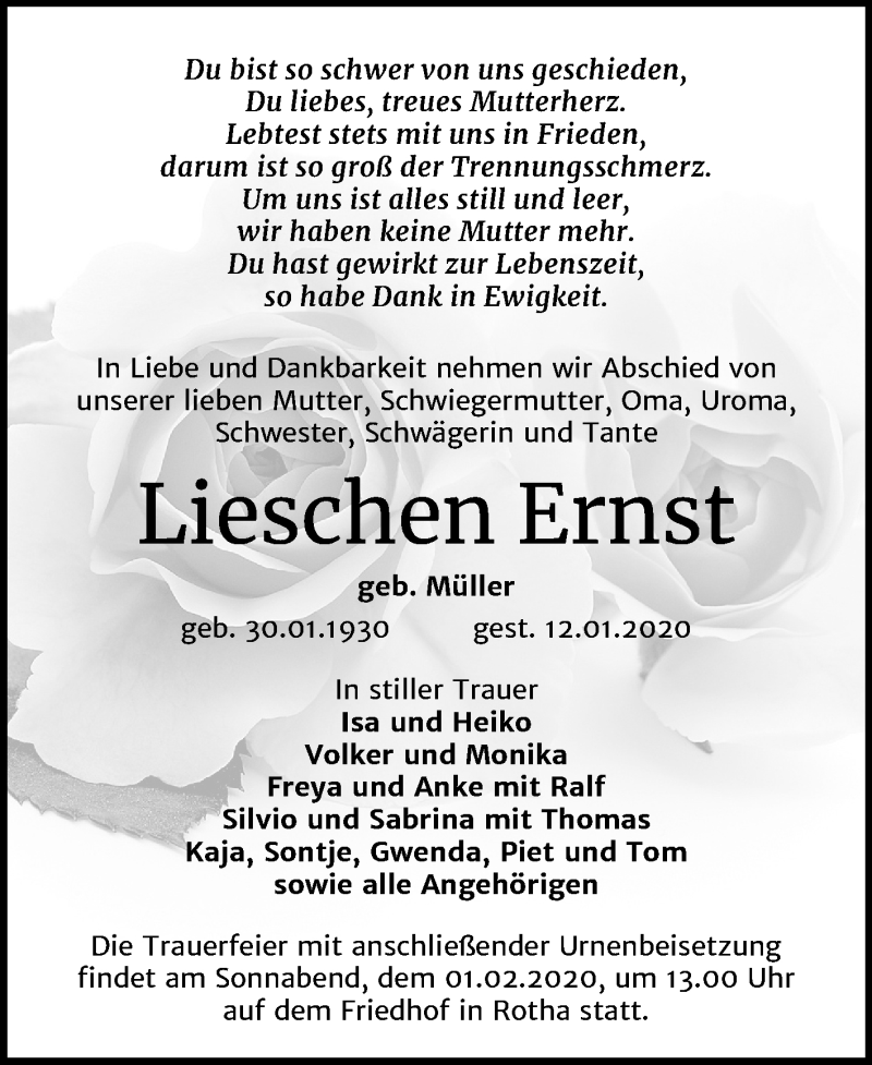  Traueranzeige für Lieschen Ernst vom 18.01.2020 aus Super Sonntag Sangerhausen