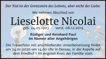Traueranzeige von Lieselotte Nicolai von Mitteldeutsche Zeitung Dessau-Roßlau