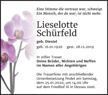 Traueranzeige von Lieselotte Schürfeld von Wochenspiegel Dessau-Roßlau