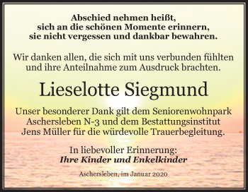 Traueranzeige von Lieselotte Siegmund von Mitteldeutsche Zeitung Aschersleben