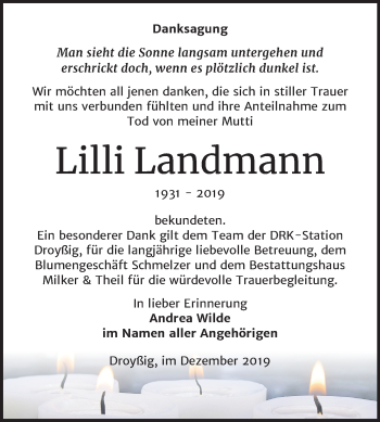 Traueranzeige von Lilli Landmann von Mitteldeutsche Zeitung Zeitz