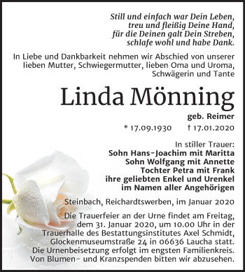 Traueranzeige von Linda Mönning von Mitteldeutsche Zeitung Naumburg/Nebra