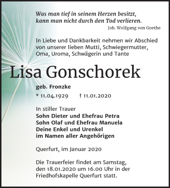 Traueranzeige von Lisa Gonschorek von Mitteldeutsche Zeitung Merseburg/Querfurt
