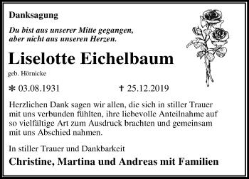 Traueranzeige von Liselotte Eichelbaum von Super Sonntag Dessau-Roßlau