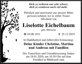 Traueranzeige von Liselotte Eichelbaum von Mitteldeutsche Zeitung Dessau-Roßlau