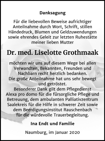 Traueranzeige von Liselotte Grothmaak von Mitteldeutsche Zeitung Naumburg/Nebra